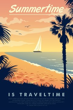 A vintage style poster with a tropical beach and a sailboat on the sea with the text Summertime is travel time.