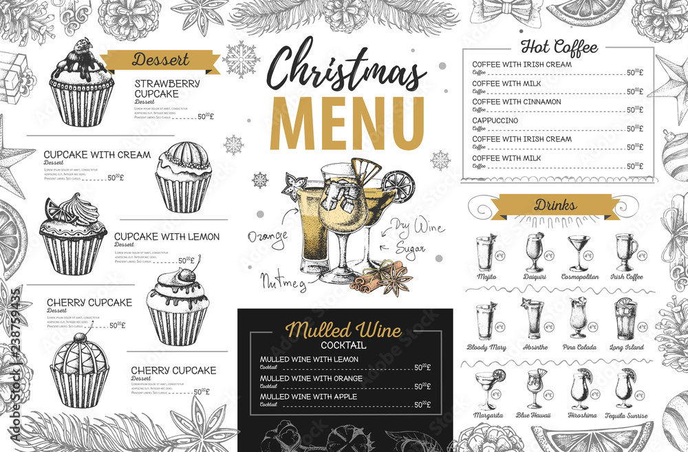 Wall mural hand drawing christmas holiday menu design. restaurant menu