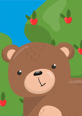 Cute bear vector illustration with woodland animal, design element for banner, flyer, placard, greeting card, cartoon style