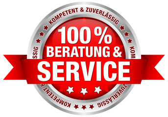 Button Banderole "100% Beratung & Service" rot/silber