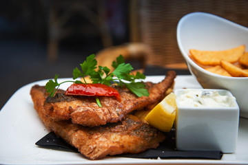 British Traditional fish and chips and tartar sauce