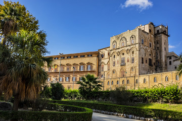 Fototapeta na wymiar Palermo Palace of Normans (Palazzo dei Normanni) or old Royal Palace. Norman Palace - one of oldest royal palaces in Europe; it was created in IX century by Emir of Palermo. Palermo, Sicily, Italy.