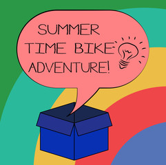Conceptual hand writing showing Summer Time Bike Adventure. Business photo text Riding bikes during sunny season of the year Idea icon in Blank Halftone Speech Bubble Over Carton Box