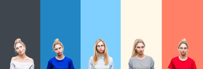 Collage of young beautiful blonde woman over vivid colorful vintage stripes isolated background making fish face with lips, crazy and comical gesture. Funny expression.