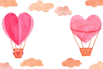 Hand drawn watercolor illustration, hot air balloon in the sky. Valentines day, aquarelle illustration. Isolated objects perfect for Valentine's day card or romantic post cards. Design heart elements.
