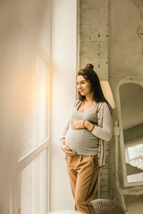 Beautiful pregnant woman standing near the window