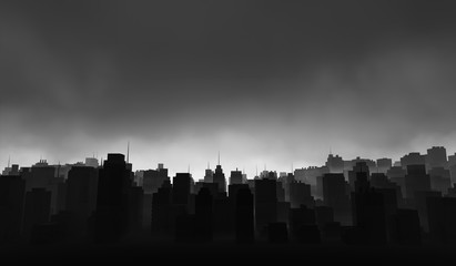 Silhouette cityscape background. Black buildings with smoke. Dramatic concept. 3D Rendering Illustration.