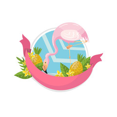 Happy summer label, design element with palm leaves, flowers, pineapples and flamingo vector Illustration