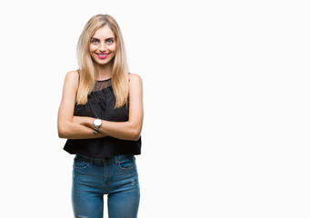 Young beautiful blonde and blue eyes woman over isolated background happy face smiling with crossed arms looking at the camera. Positive person.