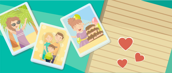 Fototapeta na wymiar Family photos, best moments on pictures, portraits of family members vector Illustration concept for web banner design