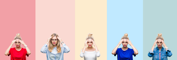 Collage of beautiful blonde woman over colorful stripes isolated background with hand on head for pain in head because stress. Suffering migraine.