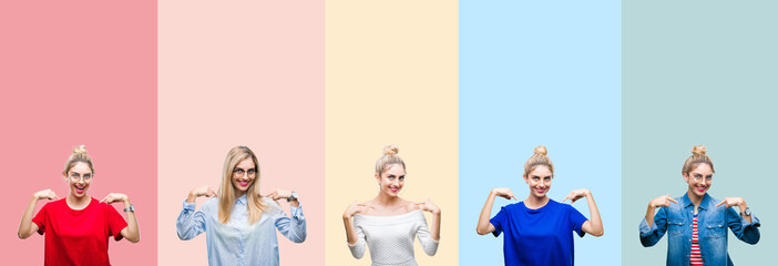 Collage of beautiful blonde woman over colorful stripes isolated background looking confident with smile on face, pointing oneself with fingers proud and happy.