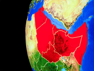 Northeast Africa from space on realistic model of planet Earth with country borders and detailed planet surface.