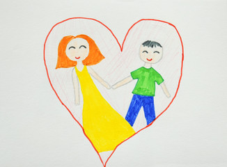 Romantic couples. Boy and girl in love hugging, cuddling and kissing. Children's drawing. Hand drawn