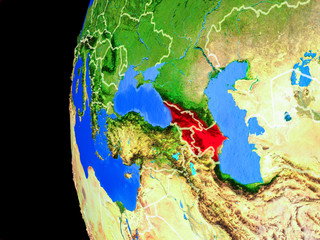 Caucasus region from space on realistic model of planet Earth with country borders and detailed planet surface.