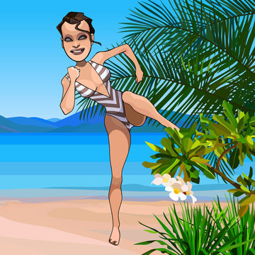 cartoon cheerful woman dancing furiously on the seashore