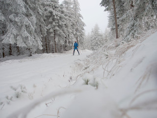 Skifahrer Langlauf in verschneiter Winterlandschaft, weiß, blau