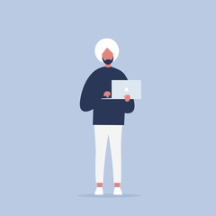 Young indian character holding a laptop, front view. Millennials at work. Technology. Flat editable vector illustration, clip art
