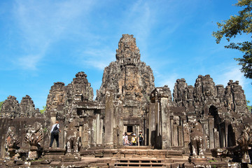 Faces of Bayon temple in Angkor Thom, Siemreap, Cambodia. The Bayon Temple (Prasat Bayon ) is a richly decorated Khmer temple at Angkor , ancient architecture in Cambodia