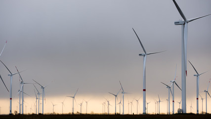 Obraz premium Wind Turbines, warm grey sky, copy space center left
