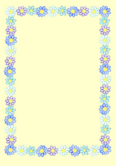 Frame from watercolor hand drawn white, blue and violet wildflowers. Isolated on light yellow background. Background can be changed