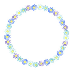 Wreath from watercolor hand drawn white, blue and violet wildflowers. Isolated on white background. Background can be changed
