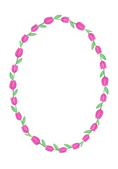 Oval wreath from watercolor hand drawn tulips. Isolated on white background. Background can be changed