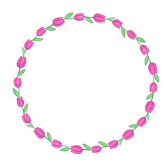 Wreath from watercolor hand drawn tulips. Isolated on white background. Background can be changed