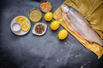 Raw hefty such raw fish on craft paper on a gray tabletop lemon pepper oil seasoning lemon slices...