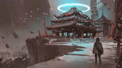  night scenery showing a man looking at the lost temple, digital art style, illustration painting © grandfailure