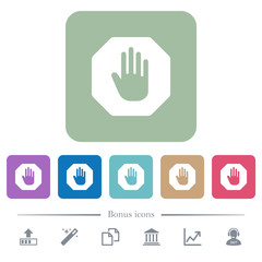 Octagon shaped stop sign flat icons on color rounded square backgrounds