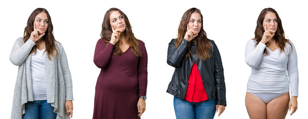 Collage of beautiful plus size woman over isolated background with hand on chin thinking about question, pensive expression. Smiling with thoughtful face. Doubt concept.