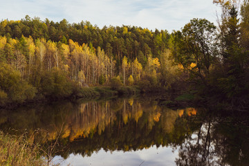 Panoramic landscape with forest lake in autumn day.