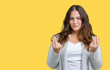 Beautiful plus size young woman wearing winter jacket over isolated background Doing money gesture...