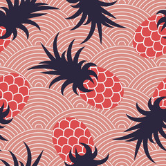 Seamless summer pattern. Pineapples on a wavy coral background. Print for textiles. Vector illustration.
