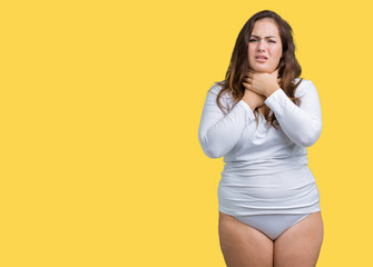 Beautiful plus size young overwight woman wearing white underwear over isolated background shouting and suffocate because painful strangle. Health problem. Asphyxiate and suicide concept.