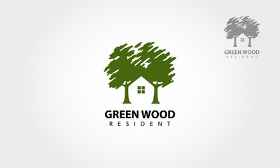 Green Wood Resident Vector logo Template. Design template of two trees incorporate with a house that made from a simple scratch. It's good for symbolize a property or wooden housing business. 