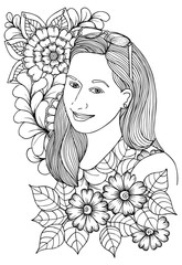 Vector coloring page. Beautiful woman and flowers. Doodles. Monochrome image. Black and white illustration
