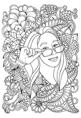 Vector coloring page. Beautiful woman and flowers. Doodles. Monochrome image. Black and white illustration
