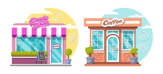 Candy shop and coffee house concept. Flat design city public buildings with storefronts and different interior design elements. Modern landscape set with bushes, logos, windows with shadows of people.