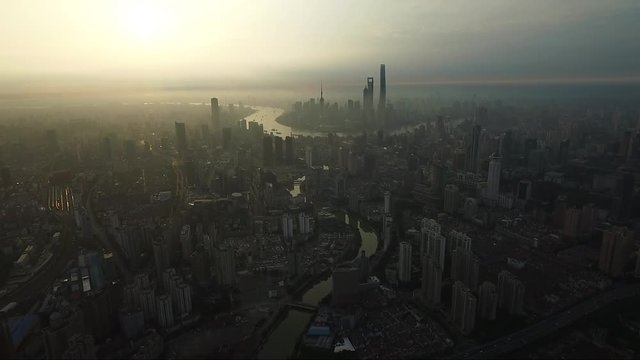 Still shot overlooking an area known as The Bund in Shanghai China during sunrise