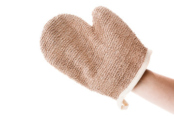 Jute Bath Washing Glove on Hand isolated on the white background