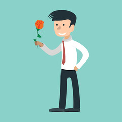 man gives rose, holding bunch of flowers, love confession