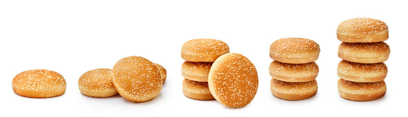 Set of Hamburger buns with sesame isolated on white background. Packaging. Mock up for design. - Powered by Adobe
