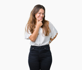 Young beautiful brunette business woman over isolated background looking confident at the camera with smile with crossed arms and hand raised on chin. Thinking positive.