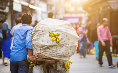 Back view of Nepalese man carrying a heavy load of bananas on a bike