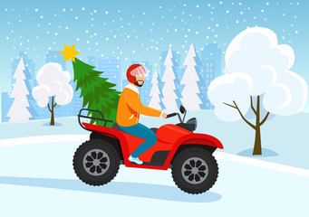 Young man riding atv with christmas tree. Winter forest landscape. Vector flat style illustration © lyudinka