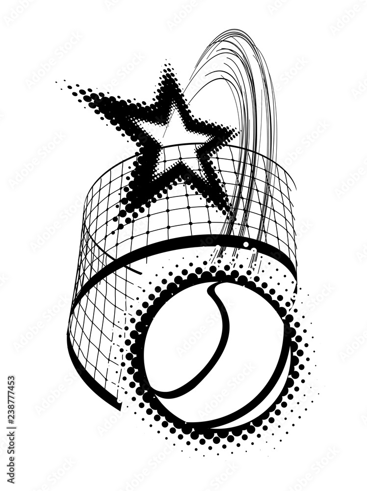 Wall mural tennis ball with star vector illustration isolated on white . a powerful blow through the net