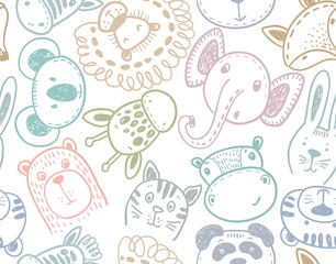 Seamless pattern with cute animal heads, endless background