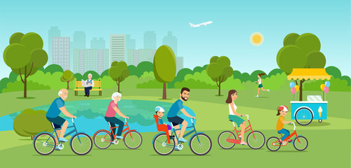 Active family riding on bicycles in the park. Flat vector illustration